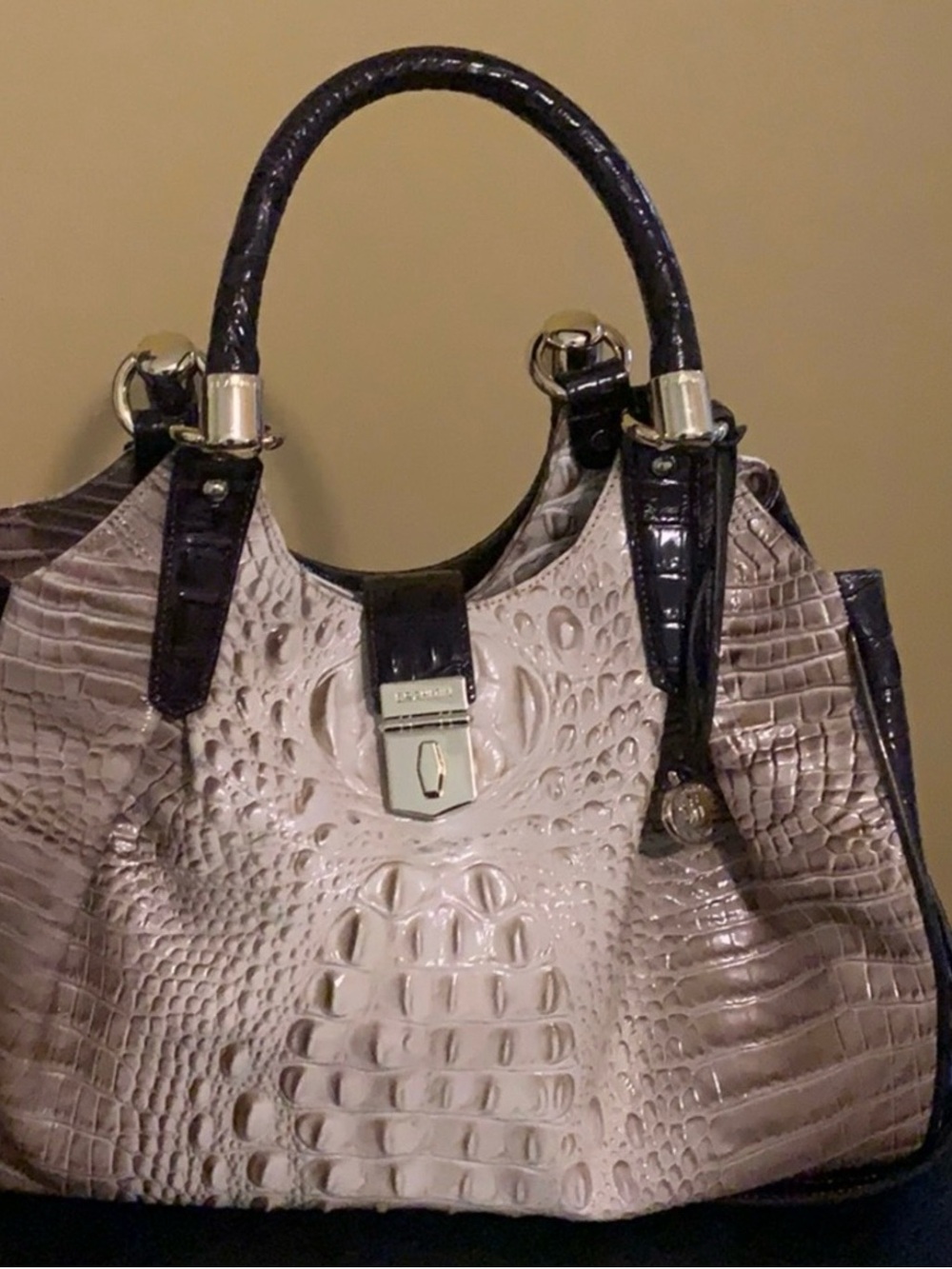 Brahmin Cream Croc-Embossed Satchel with Black Trim
